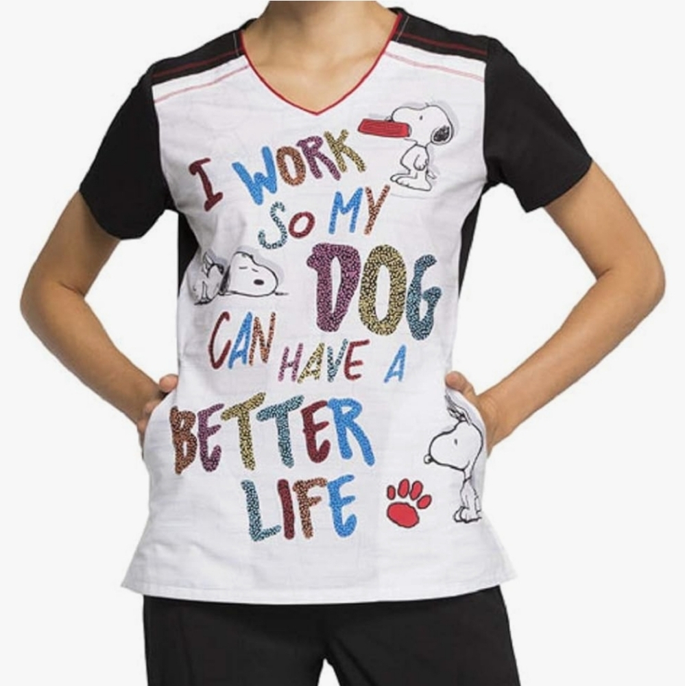 Peanuts Snoopy Women's Scrub Top " I Work So My Dog Can Have A Better Life" XL